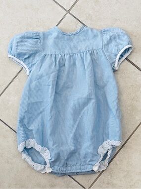 Peaches & Cream Blue Striped Baby Bubble Romper with Eyelet Trim